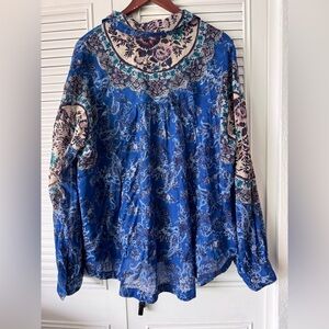 Free People Royal Blue Floral Blouse